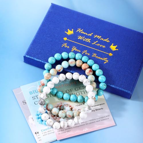 2/3-Pieces 4mm 6mm 8mm Natural Crystal Gemstone – Handmade Reiki Energy Healing Stretch Bracelets Jewelry for Yoga, Meditation, Unisex - color: 3 Pieces (AgalmatoliteJasper&BlueTurquoise&Howlite), size: 8mm