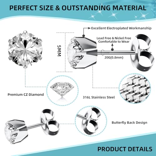 Nunpag 12 Pcs Ear Piercing Kit Disposable Ear Piercing Gun Kit with 4 Pcs 6 Prong Setting Cubic Zirconia Earrings Stud 316L Stainless Steel Easy to Use at Home Self Ear Piercer Gun Kit Tool, Silver - color: Silver