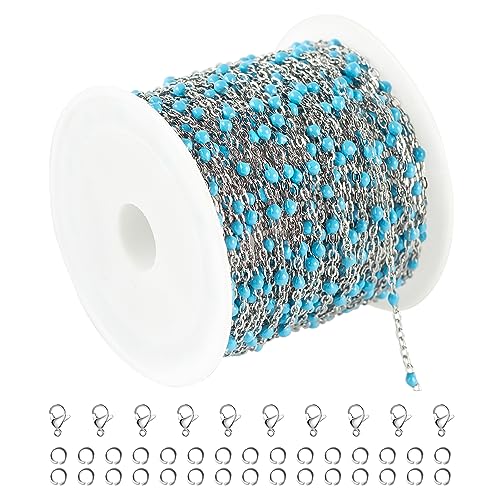 UMAOKANG 33 Feet/10M Stainless Steel Chain for Jewelry Making Light Blue Enamel Beaded Chain Bulk with Lobster Clasps and Jump Rings - color: Light Blue Bead-Steel