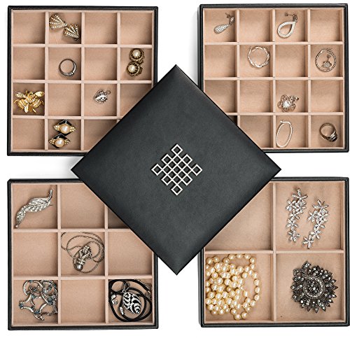 Glenor Co Earring Organizer Tray - 4 Stackable Trays with Lid -45 Slot Classic Jewelry Storage Display Case for Drawer or Dresser - Holder for Earring Ring Necklace or Cufflinks - Large Mirror - Black - size: Square - 4 Trays + Lid Set - 45 Slots