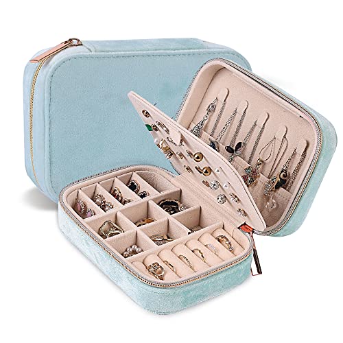 Dajasan Velvet Jewelry Boxes, Mini Travel Jewelry Case, Small Portable Travel Jewelry Organizer Box for Earrings Bracelets Rings Necklace (Cyan Blue) - color: Cyan Blue, size: Medium