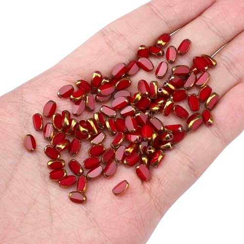 Glass Rice Beads Red 4x6mm 50pcs Faceted Oval Golden Edge Crystal Loose Beads for DIY Craft Jewelry Making - color: Red
