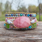 YGLINE Women Boho Handmade Natural Stone Crystal Leather Bead Wrap Bracelets Collection - color: Rhodochrosite 2-3w