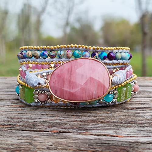YGLINE Women Boho Handmade Natural Stone Crystal Leather Bead Wrap Bracelets Collection - color: Rhodochrosite 2-3w