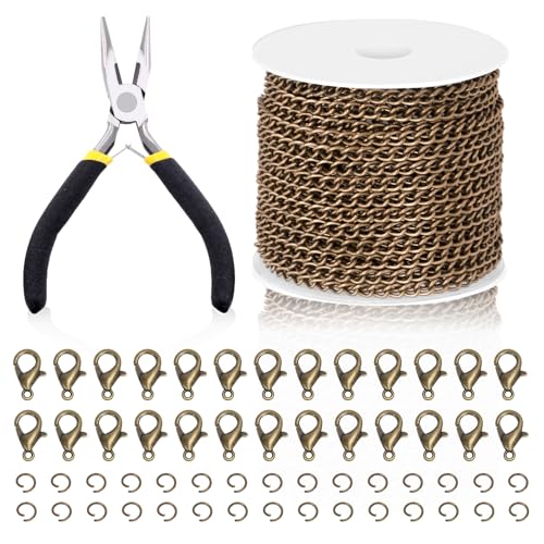 Swpeet 102Pcs Bronze 3mm by 10 Yard Length Jewelry Making Chains Kit with Jump Rings, Lobster Clasps and Jewelry Plier, Necklace Chains Flat Cable Link Chain Bulk Ideal for DIY Craft Jewel Making - color: Bronze