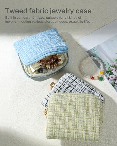 Travel Jewelry Case, Small Tweed Jewelry Bag with Zipper, 5-Layer Anti-Scratch Pouch for Bracelets Necklaces Earrings, Tangle-Free Jewelry Storage, Gift for Her Tweed Blue - color: WOVEN-Blue