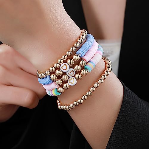 COLORFUL BLING 5-12Pcs Bohemian Love Heart Bead Bracelets for Women Vinyl Disc Heishi Surfer Stackable Stretch Bracelet Summer Beach Boho Jewelry - color: 5pcs purple