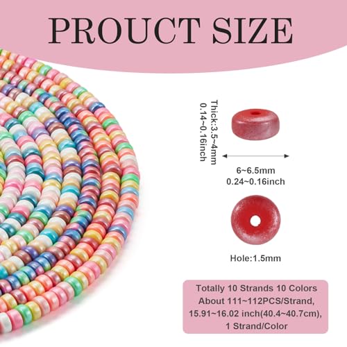 Elecrelive 10 Strands Flat Round Pearlized Clay Beads 6mm Heishi Polymer Spacer Beads Colorful Loose Clay Bracelet Kit for Chocker Necklace Earring DIY Crafts - color: Pearlized 10 Colors