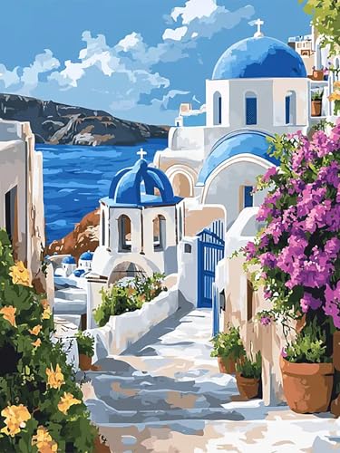 CHWGLFGG 5D Diamond Art Kits for Adults Beginners, Santorini Greece Landscape Diamond Painting Kits, DIY Full Round Drill Paint by Diamonds Dot Gem Art for Adults, Home Wall Decor 12x16 Inch - color: KM141-1