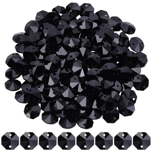 120Pcs Black 14mm Octagonal Crystal Beads 2 Holes Prism Beads Bulk Faceted Chandelier Parts Replacement Hanging Pendants Connector Suncatcher Spacers for DIY Lamp Hanging Ornament Jewelry - color: Black