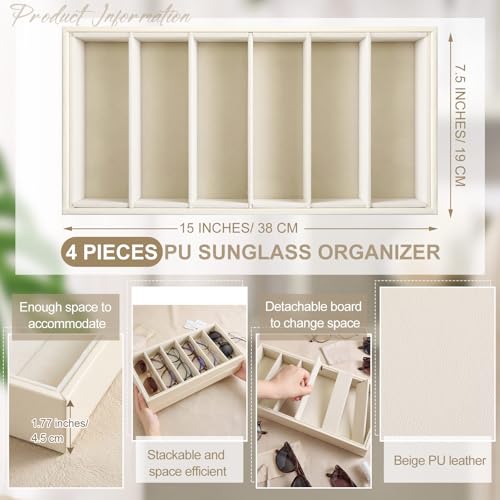 Juexica 4 Pcs Velvet Sunglasses Organizer Tray 6 Grid Sunglass Organizer Velvet Tray Stackable Glasses Display Case for Women Glasses Jewelry Display Watch (Beige PU) - color: Beige Pu