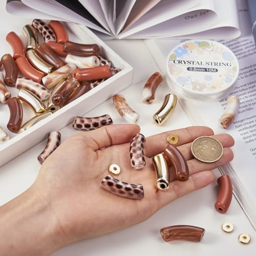 Spritewelry 70pcs Acrylic Curved Tube Beads for Bracelets Making Chunky Bamboo Tube Beads Noodle Curved Beads Bangle Acrylic Tube Beads for Jewelry Making Earring Necklace Crafts Kits - color: Brown-70PCS
