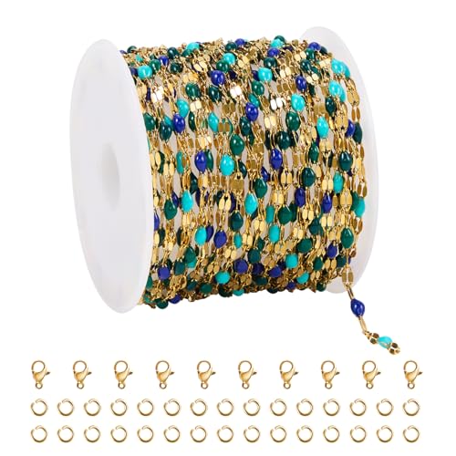 16.4 Feet Gold Plated Stainless Steel Jewelry Making Chain Roll Mixed Blue Enamel Decorative Craft Chain Roll - color: Gold-Blue Colorful