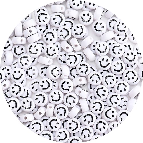 100Pcs Letter Beads - 4x7mm White Round Acrylic Alphabet & Smiley Face Beads for Jewelry Making DIY Bracelets, Necklaces & Key Chains - color: Smiley Face 100Pcs