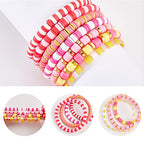 Ornaland 7Pcs Handmade Polymer Clay Heishi Surfer Stretch Bracelets Set Colorful Glass Beads Bracelets Boho Stackable Preppy Bracelets Wrist Jewelry for Women - color: rose Red