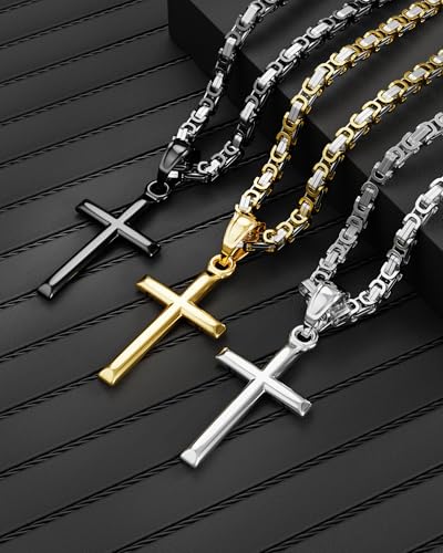 Exquisite Cross Necklace for Men and Women, Silver/Gold/Black Cross Chain with Top-grade 316L Stainless Steel Cross Pendant, 18-24 Inch Box/Byzantine Chains - color: Luxury Gold, size: 24 Inch=61CM, style: Byzantine Chain with Medium Pendant