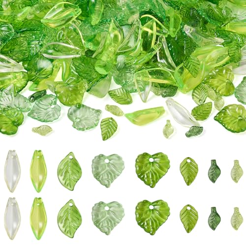 Beadthoven 320pcs Acrylic Green Leaf Beads Transparent Green Maple Leaves Shaped Beads Charms Bulk Cute Crystal Jewelry Hanging Ornaments for Jewelry Making Necklace Earrings Bracelets DIY Supplies - color: Leaves