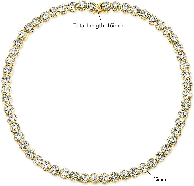 Gemsme 18K White Gold Plated Halo Necklace 5.0mm Round Cubic Zirconia Classic Tennis Necklace - color: Yellow Gold, size: 16 inch