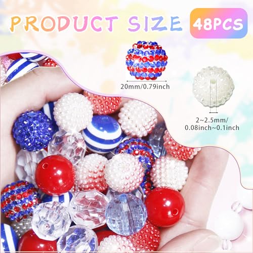 Exway 48 Pcs 20mm Beads for Pens, Rhinestone Bubblegum Beads, Red Blue Crystal Acrylic, Round Chunky, Sparkly Large Balls, DIY Jewelry Making Supplies - color: Blue