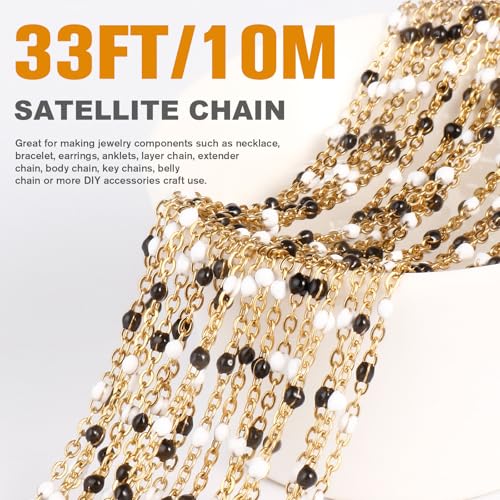 33 Feet Gold Enamel Chains Bulk, 2mm 18K Gold PVD Plated 304 Stainless Steel White Black Enamel Beaded Cable Link Chain Roll Spool for Jewelry Making - color: Gold White Black Beads