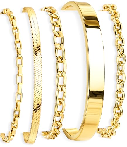 Gold Bracelets Set for Women Stack, Chunky Thick Bracelets Stack for Women Trendy, Simple Dainty Thin Gold Plated Cuff Stackable Bracelets With Beaded Cuban Paperclip Snake Rope Bangle Hand Chain Jewelry - style: Style 08-gold
