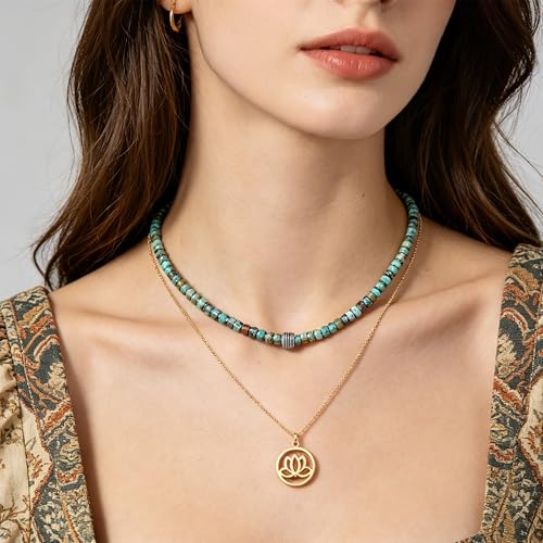 Plumiss Boho Handmade Natural Jasper Stone Beaded Crystal Mixed Strand Short Necklace for Women Girl - color: African Turquoise