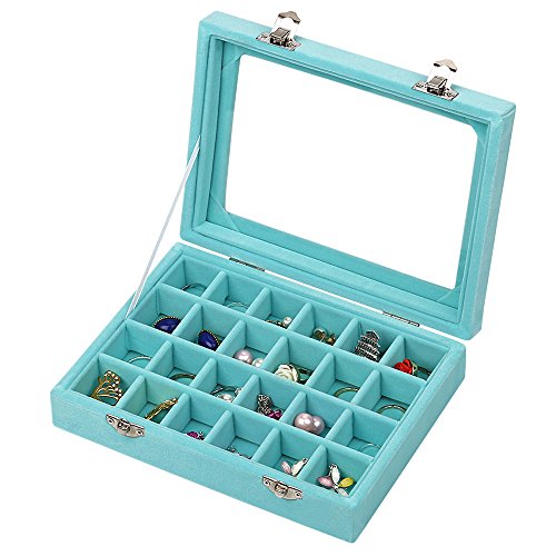 MeJell 24 Slot Velvet Glass Jewelry Box Organizer Rings Earrings Tray Display Storage Case