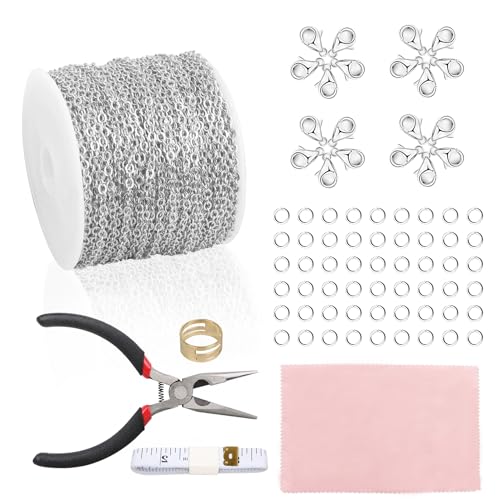 Fesorsi 60 ft Steel Chains for Jewelry Making, Silver Permanent Jewelry Chain, Electroplating Process, Necklace Chains with 300 Pieces Link Ring and 60 Pieces Lobster Buckles, for DIY, Gifts (2mm) - color: Silver, size: 60ft 1Style