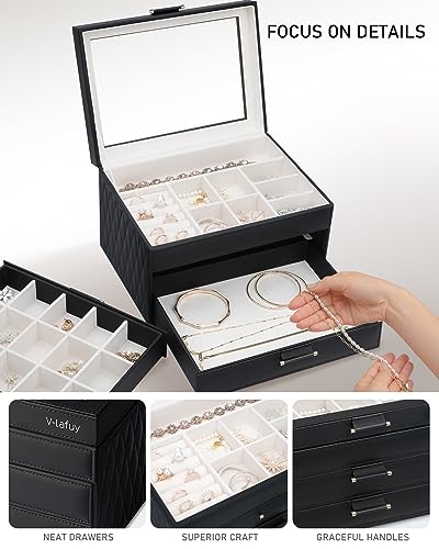 Jewelry Boxes with Glass Lid, Jewelry Boxes for Women 3-Tier Jewelry Organizer with 2 Drawers, Jewelry Display Case Gift for Women Girls Men - Black - color: Black 3-Layer