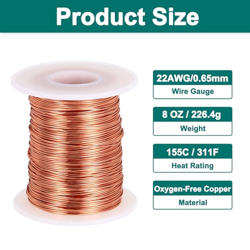 MECCANIXITY 22 AWG Magnet Wire, 22 Gauge Enameled Copper Wire, 8 oz Magnetic Coil Wire for Transformer, Motor, Electric, 155C(311F) - size: 22AWG