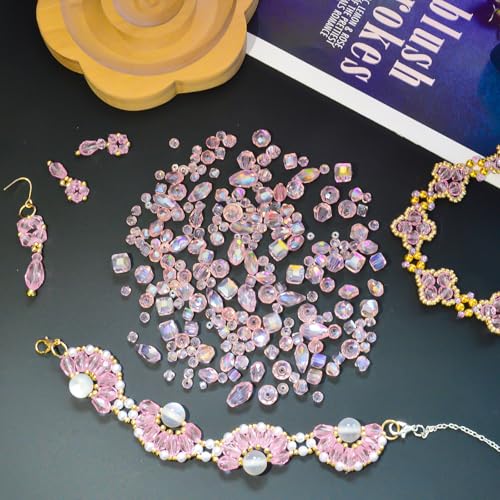 1500 Pcs Crystal Glass Beads for Jewelry Making – 12 Styles Bicone, Rondelle, Cube, Teardrop & 3mm Spacer Beads, DIY Bracelet Necklace Earring Craft Kit with Organizer Box(Pink) - color: Pink