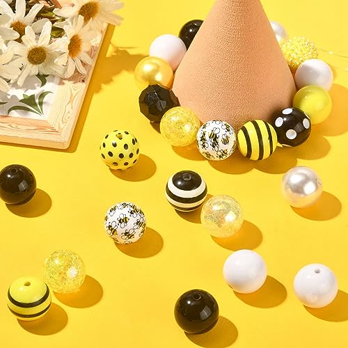 DanLingJewelry 50Pcs 20mm Bee Acrylic Beads - Yellow Black Round Ball Dot Stripe Printed Beads for DIY Crafts Bracelet Jewelry Making - color: 50pcs - bee