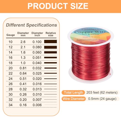 HARFINGTON Wire 203ft Length 24 Gauge Copper Craft Jewelry Wrapping Wire Tarnish Resistant Beading for Jewelry Making Supplies Crafting, Bright Red - color: Bright Red
