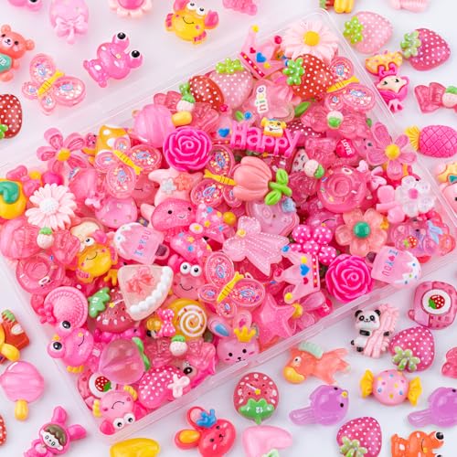 100PCS Pink Slime Charms Jelly Cute Flatback Resin Charms for Slime, Random Kawaii Decoden Charm for Embellishments Phone Junk Case Charms Bulk, Hairpins Scrapbooking Crafting & DIY Decor - color: Rose Pink-100PCS