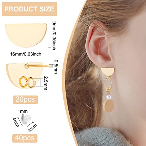 BENECREAT 20Pcs 18K Real Gold Plated Earring Studs, Flat Half Round 9x16mm Brass Ear Studs with Vertical Loops and 40Pcs Earring Nuts for DIY Earring Jewelry Making, Hole: 2.5mm - color: Flat Half Round