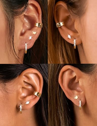 ORAZIO Small Gold Hoop Earrings for Women Hypoallergenic 14K Gold Plated Chunky Huggie Earring Sets for Multiple Piercing Dainty Earing Stacks Set Cute Silver Cartilage Jewelry Trendy Gifts - style: 14K Gold Plated-Butterfly