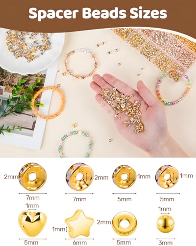 Goldwise Spacer Beads for Jewelry Making, 1280pcs Assorted Round Star Rondelle Heart Gold and Silver Beads for Bracelet Jewelry Making & DIY Crafts - size: Spacer Beads