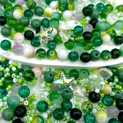 8mm Glass Beads, 580Pcs Crystal Bead, Starfish, Shell Shaped and Seed Beads, Green Assorted Round Crystal Loose Bead for St. Patrick's Day, Jewelry Making, DIY Craft - size: 8mm