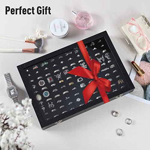 100 Slots Ring Case Organizer Display Box,Rings Holder Storage Boxes for Jewelry Showcase with Glass Lid (Black Velvet).