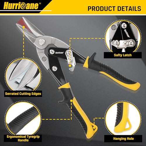 HURRICANE 3 pc Aviation Tin Snips Set, 10 inch Metal Cutter Shears for Cutting Sheet Metal, Cr-V Blades, Straight Left and Right Aviation Snips, with Ergonomical TyreGrip Handle and Safety Latch - size: 3 Piece Regular Set: Straight, Left, Right