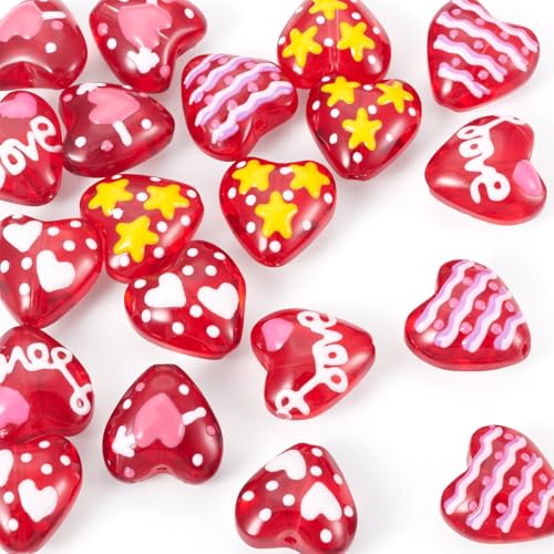 Valentines Heart Beads Cheriswelry 20Pcs Crystal Glass Heart Beads Red Hearts Pony Bead 13.5-14mm for Valentines Christmas Earring Bracelet Necklace Jewelry Making DIY Supplies - color: Print Heart
