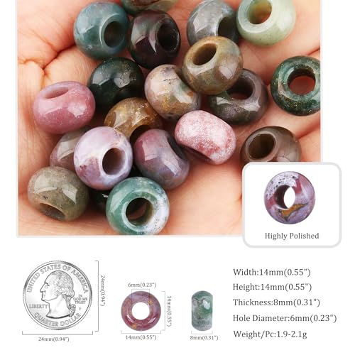 SUNYIK Indian Agate Large Hole (6mm) Rondelle Loose Charms European Bead fits Bracelet,Jewelry Makings Pack of 20 - color: #1-Multi Green-Indian Agate, size: 14x8mm