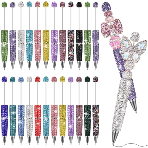 Tondiamo 24 Pcs Rhinestone Beadable Pens Bulk Diamond Glitter Bling Fancy Pen for Beaded Cute Assorted Ballpoint Kit for DIY Office Craft Making Supplies for Teachers Birthday Gift (Rainbow Color) - style: Rainbow Color