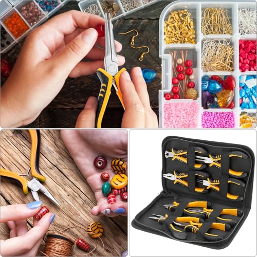 QWORK Jewelry Pliers Set, 8-Piece Mini Jewelry Making Tool Kit with Storage Bag, Flat Nose/Round Nose/Bent Nose, Wire Cutters, Crimping Pliers & End Nippers for Beading Crafting Repair