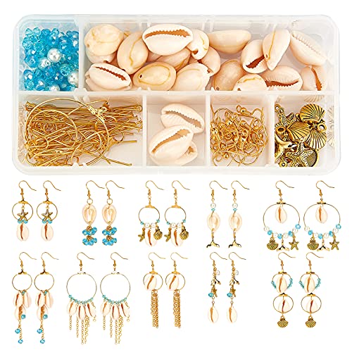 SUNNYCLUE 1 Box DIY 10 Pairs Beach Themed Earring Making Kits Starfish Shell Charms Cowrie Shell Beads & Glass Faceted Beads & Earring Hooks for Handmade Earrings Beginner - color: Beach Themed Earring 2