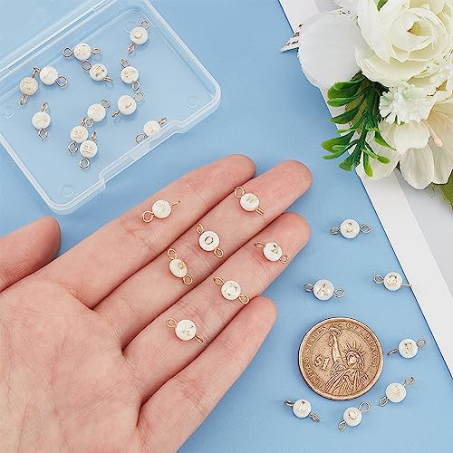 PH PandaHall A-Z Letter Link Charms, 26pcs Shell Alphabet Letters Beads with Golden 304 Stainless Steel Double Loops Pendant Link Charms for DIY Bracelet Necklace Jewerly Crafts Making