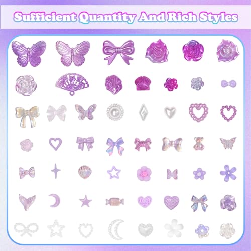 Cynailli 350 Pcs Junk Case Charms Purple 3D Resin ABS Rose Flower Bows Butterfly Charm with Bows Moon Heart Pearls Fun Beads Flatback Resin Charms for Craft DIY - color: color-S7