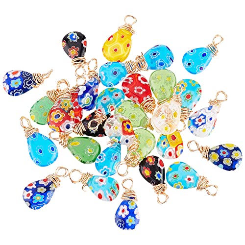 PH PandaHall 30pcs Lampwork Pendants, Teardrop Millefiori Lampwork Glass Pendants 17 x 7mm Colorful Bead Charms for DIY Earring Jewelry Bracelet Neclace Choker Crafts Zipper Puller Making