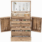 Emfogo Wooden Jewelry Box for Women, 6-Tier Large Jewelry Organizer Boxes with Mirror Rustic Solid Wood jewlery Storage Display for Rings Earrings Necklaces Bracelets watches(Carbonized Black)