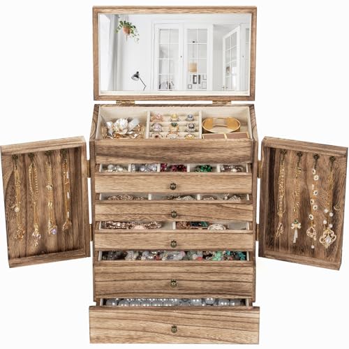 Emfogo Wooden Jewelry Box for Women, 6-Tier Large Jewelry Organizer Boxes with Mirror Rustic Solid Wood jewlery Storage Display for Rings Earrings Necklaces Bracelets watches(Carbonized Black)